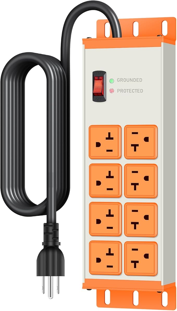 JUNNUJ Heavy Duty Surge Protector 4800J, Garage Metal 8 Outlets 20 Amp 12 Gauge, High Amp 5-15P Adapter Shop 6-20R T-Slot Industrial Outlet, 6 FT Extension Cord Commercial for Appliance, Grey