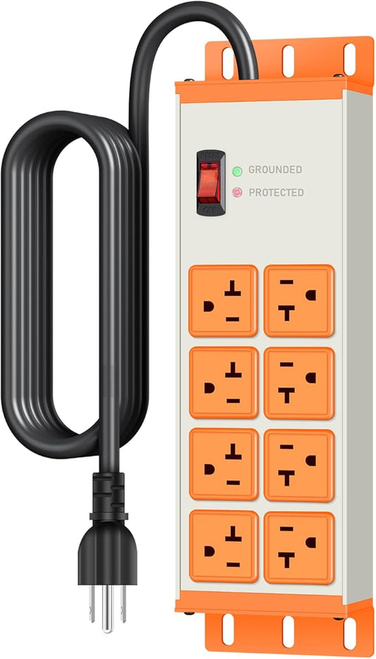 JUNNUJ Heavy Duty Surge Protector 4800J, Garage Metal 8 Outlets 20 Amp 12 Gauge, High Amp 5-15P Adapter Shop 6-20R T-Slot Industrial Outlet, 6 FT Extension Cord Commercial for Appliance, Grey