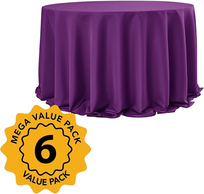 6-Pack Purple Round Tablecloths, 132 Inches, Stain-Resistant Polyester for 6-8 Ft Round Tables - Washable Table Covers for Weddings, Banquets, Birthday Parties, Events