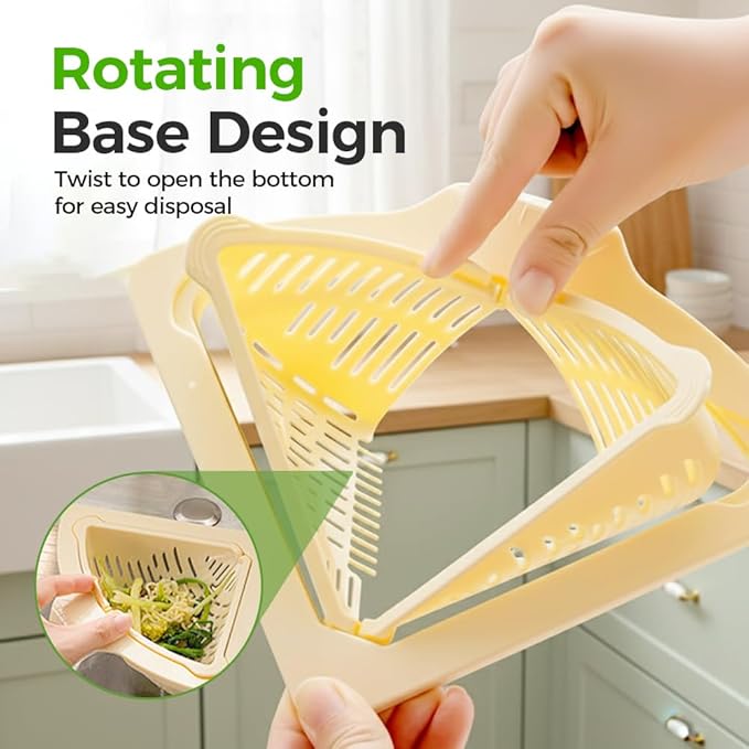 Magnetic Triangle Sink Strainer Basket, 2026 Upgrade Kitchen Corner Drain Rack with Twist-Open Bottom, Metal Sink Food Scraps Filter and Sponge Holder Produce Rinse Basket