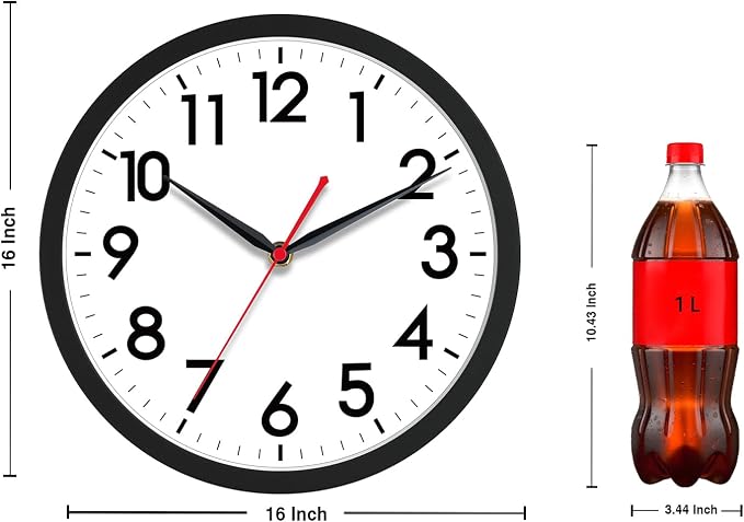 AKCISOT 16 Inch Wall Clock, Battery Operated Analog Clock, Silent Non-Ticking, Ideal for Bedroom, Bathroom, Kitchen, Office and School, Black