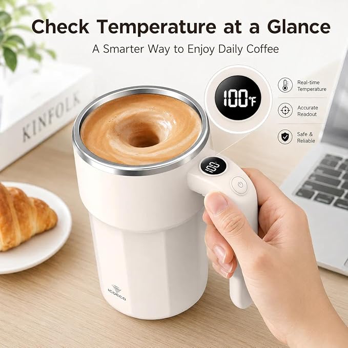 Self Stirring Coffee Mug, 12oz Rechargeable Magnetic Mixing Cup with Temperature Display, 316 Stainless Steel Electric Stirring Cup with Lid & Handle for Coffee, Cocoa, Matcha, Creamer, Mushroom Coffe