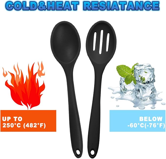 8 Pcs Heat Resistant Non Stick Silicone Serving Spoons Set -Ideal for Cooking, Baking, Mixing, Stirring Includes Slotted & Solid Spoons, Design for Nonstick Cookware (Black)