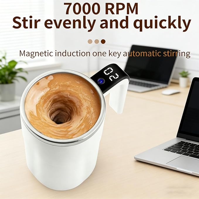 Electric Coffee Mug with a Built-in LCD Thermometer, Automatic Magnetic Stirring Coffee Mug, 380ML/13OZ, Stainless Steel Self Stirring Cup with Lid, Perfect for Brewing Coffe-e, Milk, Cocoa (Mix c)