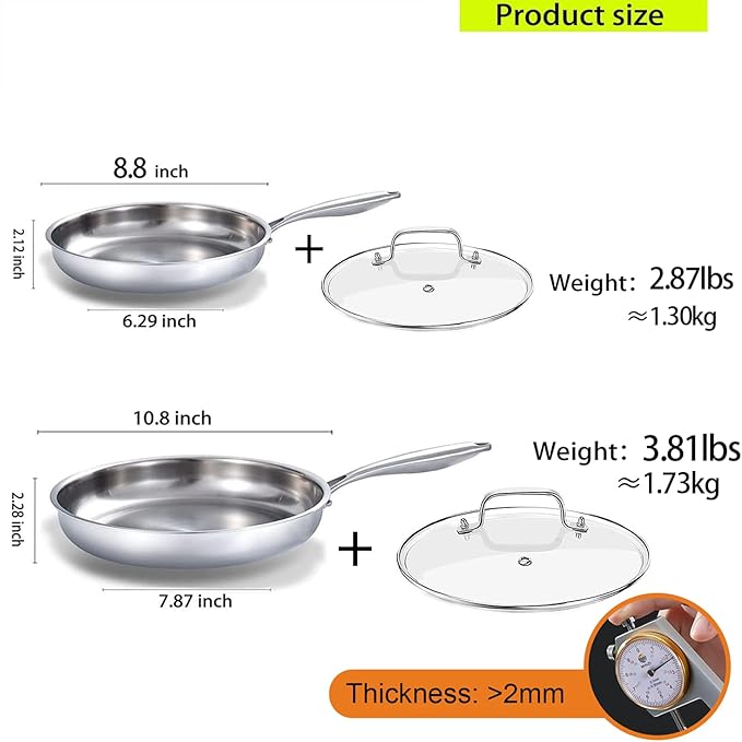 DELARLO Tri-ply Stainless Steel Frying Pan Set with Lid 8" 10" | Induction Large Skillets, Chef's Pan, Pots and Pans Set, PTFE & PFOA Free, Suitable for All Stove