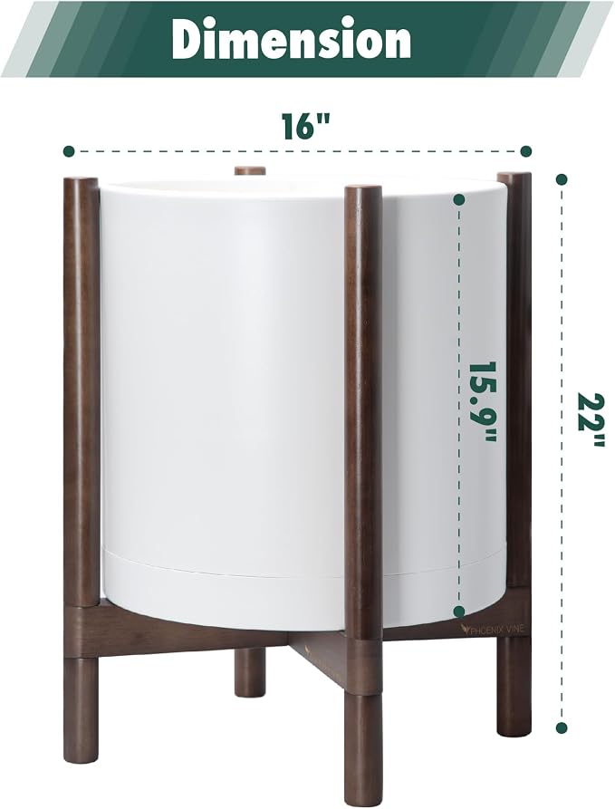 D'vine Dev Plastic Pot with Walnut Wood Stand, White, 16 in, 55-C-X-1 | Mid-Century Inspired Design, Elevated Plant Display, Clean Lines, Sturdy Support, Modern Space-Saving Style