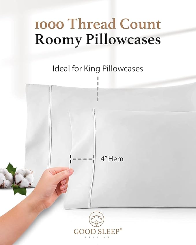 1000 TC White King Pillowcases Set of 2 100% Egyptian Cotton Pillow Cases with Long Staple Cotton & Sateen Weave, Silky Soft Hotel - Like Bed Pillow Covers for Comfy Sleeping, Snug Fit