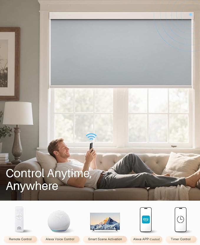 Smart Roller Shades for Windows, Alexa Blackout Motorized Blinds with Remote Control, Easy Install Automatic Electric Blinds for Indoor (25" W x 72" H, Gray Fabric & White Shell)
