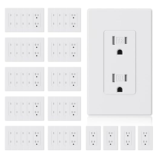 ELEGRP Matte White Tamper Resistant Decorator Wall Receptacle Outlet, 15A 125V Electrical Outlet, Residential Grade, Self-grounding, Screwless Wall Plate Included, UL Listed, 50 Pack