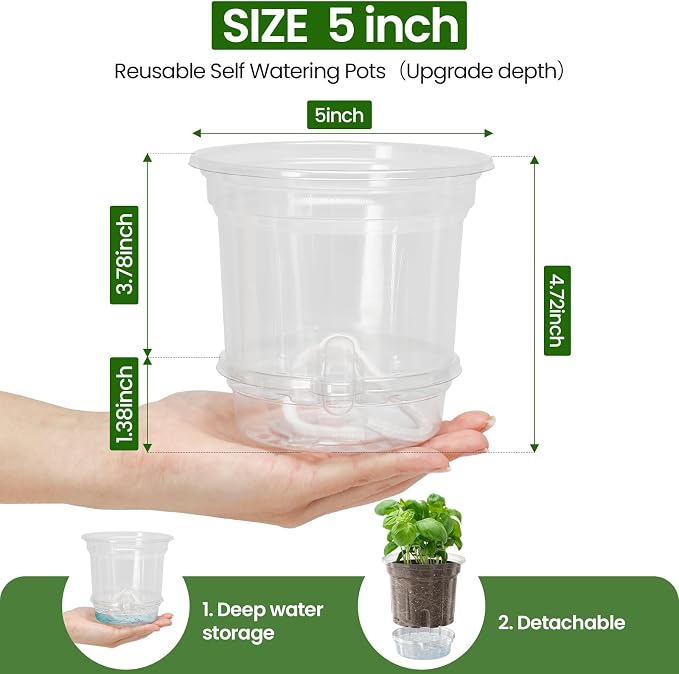 MIXC 12 Pack 5 Inch Self Watering Pots for Indoor Plants with Wicking Rope | Clear Plastic, With Drainage Holes & Deep Reservoirs, Root and Water-Level Visibility, Up to 7-Day Water Supply, Reusable
