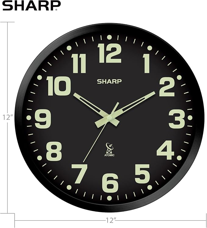 Sharp Glow in the Dark Atomic Analog Wall Clock - 12" Clock with Black Frame - Sets Automatically - Battery Operated - Easy to Read - Easy to Use – See Day or Night!