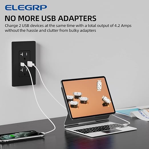 ELEGRP USB Charger Wall Outlet, USB Receptacle with Type A & Type C USB Ports, 20 Amp Duplex Tamper Resistant Receptacle Plug, Wall Plate Included, UL Listed (6 Pack, Matte Black)