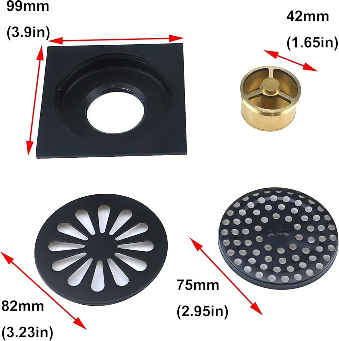 Antrader Odor-Proof Floor Drain, Copper Bathroom Tile Insert Shower Drainer with Removable Strainer Cover, 4-inch Square Anti-Clogging for Kitchen Balcony Garage, Matte Black