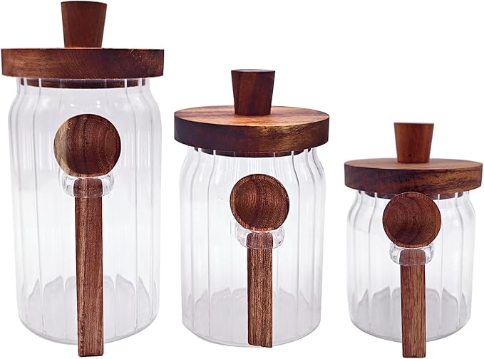 Coriario Glass Jar with Lid and Spoon 13&20&30 OZ Coffee Tea Sugar Canister Set of 3 Ribbed Glass Candy Jars Wooden Lids Wide Mouth Glass Coffee Storage Canister for Food Kitchen