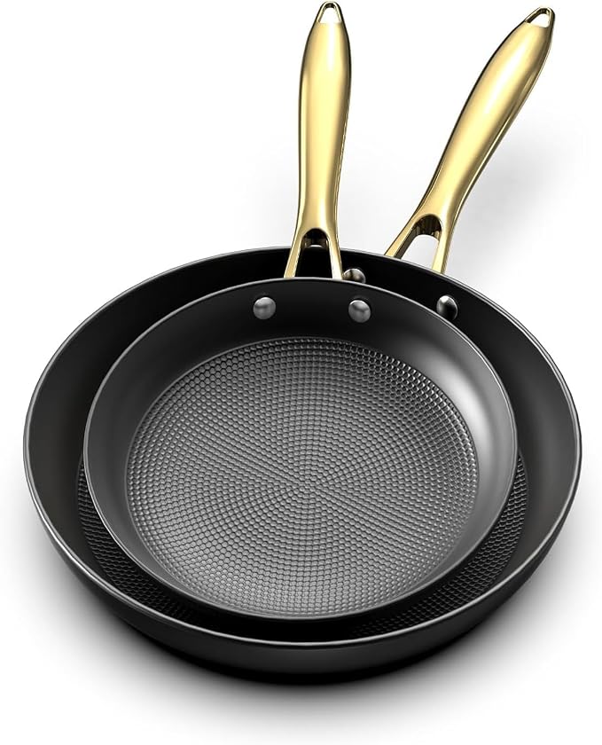 imarku Non Stick Frying Pans, 8 Inch & 10 Inch Cast Iron Skillets | Honeycomb Nonstick Frying Pan Set, Long-Lasting & Oven-Safe, 2 Pcs Skillets with Gold Handles, New Home Essentials