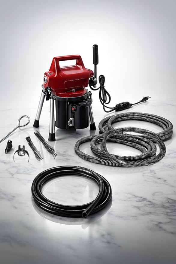 NEW! Premium Electric Sectional Drain Cleaner Machine Kit (70605), 1/6 HP, 475 RPM, 22.5 Ft 5/8" Cable, 5-Pc Cutter Set, Clears 1-1/4"–4" Lines – Compatible with DOYLE Drain Cleaners