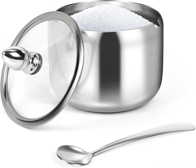 holoith Sugar Container with Glass Lid and Spoon - 10oz Stainless Steel Sugar Bowl for Coffee Bar Station Accessories Kitchen Storage for Salt, Candy, Coffee Bean (Silver)