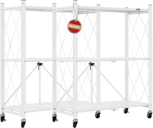 DEANIC 3 Tier Foldable Storage Shelves with Wheels, Large Capacity Shelving Unit, Freestanding Metal Wire Shelf Rack, No Assembly Organizer Rack for Garage Kitchen, Basement, Pantry(White Pack of 2)