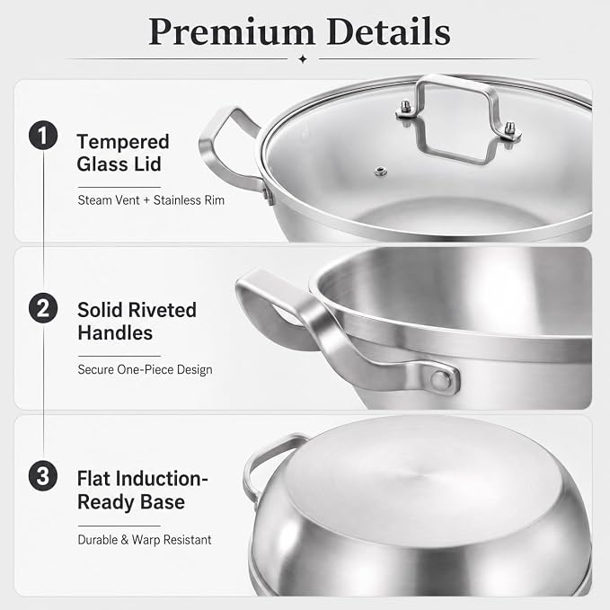 Delarlo Tri-Ply Stainless Steel Hot Pot 14 inch Everyday pan With lid,7QT | Everything Pan, Durable Deep Saute Pan, Induction Cooking Pot,Woks & Stir-Fry Pans Oven Safe Stock Pot