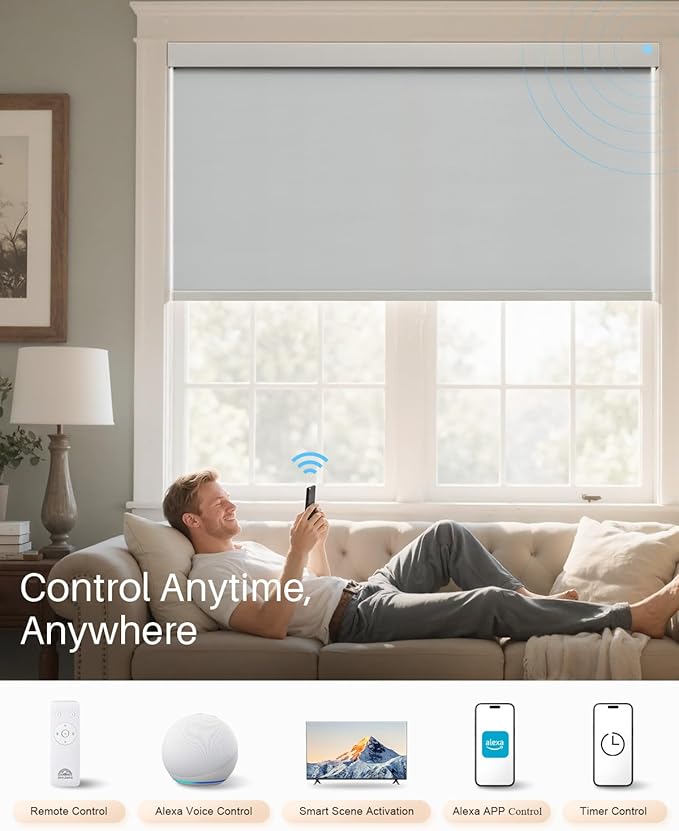 Smart Roller Shades for Windows, Alexa Blackout Motorized Blinds with Remote Control, Easy Install Automatic Electric Blinds for Indoor (32" W x 72" H, Gray)