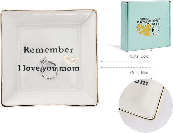 HOME SMILE Ceramic Ring Dish Jewelry Tray-Mom Gifts, Remember I Love You Mom - Mother's Day Birthday Gifts for Mom