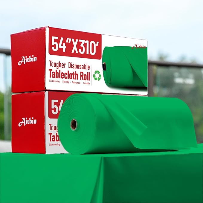 Plastic Table Cloth, 310 Ft X 54 in Plastic Table Cloth Disposable Green Tablecloth Premium PEVA with Any Cut Sliding Cutters Disposable Tablecloth for Picnics, Parties, Birthdays, Festivals