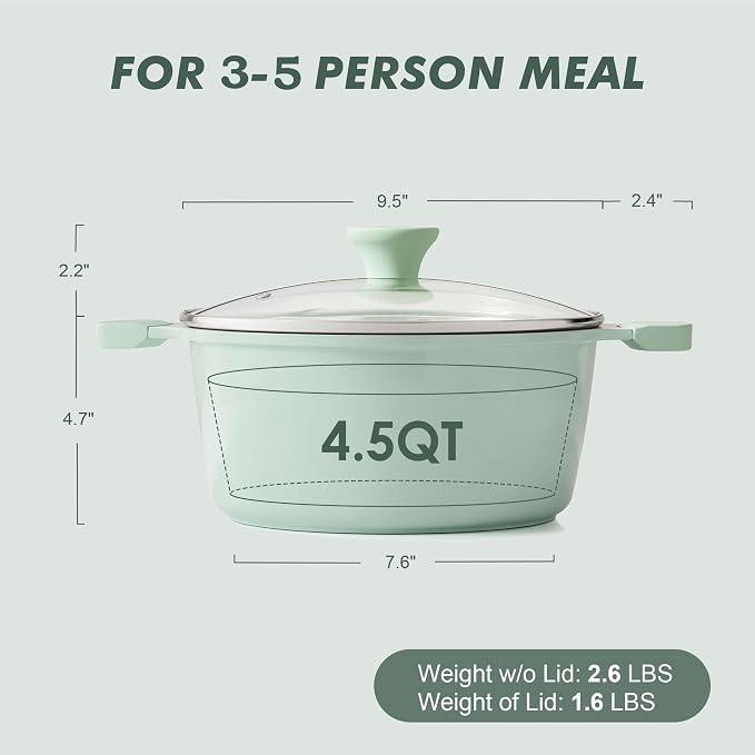 SENSARTE Ceramic Nonstick Stock Pot with Lid, 4.5 Quart, Green | Healthy Nontoxic Ceramic Coating, PFAS & PTFE Free, Compatible with All Stoves Including Induction Cooktops, Dishwasher safe.