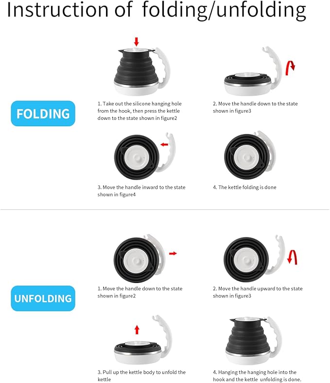 Ultrathin Food Grade Silicone Travel Foldable Electric Kettle Variable Temperature Control with Dual Voltage, Auto Shutoff & Boil Dry Protection & Keep Warm, 555ML 110-220V US Plug (Black)