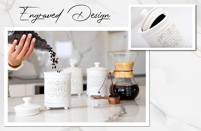 25DOL 25 Ounce Elegant Ceramic Kitchen Canisters Set of 3 - Engraved Coffee Tea Sugar Storage Containers with Feet for Added Style and Stability - Ceramic Jar with Airtight Lid