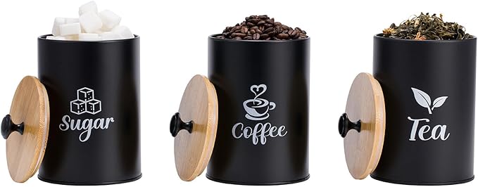 3 Pack Kitchen Canisters with Bamboo Lids, Metal Canister Set for the Kitchen Counter, Airtight Coffee Container Tea Organizer & Sugar Canister, Rustic Kitchen Decor Containers-Black