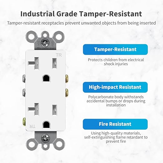 Micmi Decorator Receptacle Outlet, Standard Electrical Wall Tamper Resistant Decorative Receptacle Outlet, 20 Amp 125 Volt, Grounding UL Listed (10Pack, White, 20 Amp Outlet)