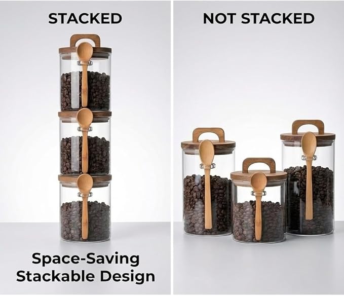 Glass Food Storage Canisters with Airtight Bamboo Lids – Set of 3 Clear 34oz Jars with Wooden Spoons, Stackable Kitchen Storage Containers for Coffee, Tea, Sugar, Flour, and Pantry Organization
