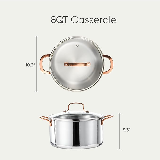 CAROTE 8 Qt Tri-Ply Stainless Steel Stockpot, Non-Toxic Stock Pot with Lid, Soup Pot for Pasta, Even Heating, Oven Safe, Induction, Ceramic and Gas Cooktops Compatible, Sliver, Mothers Day Gifts