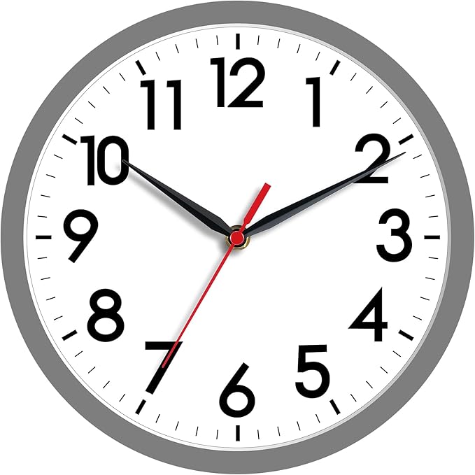 AKCISOT 8 Inch Wall Clock, Battery Operated Analog Clock, Silent Non-Ticking, Ideal for Bedroom, Bathroom, Kitchen, Office and School, Gray