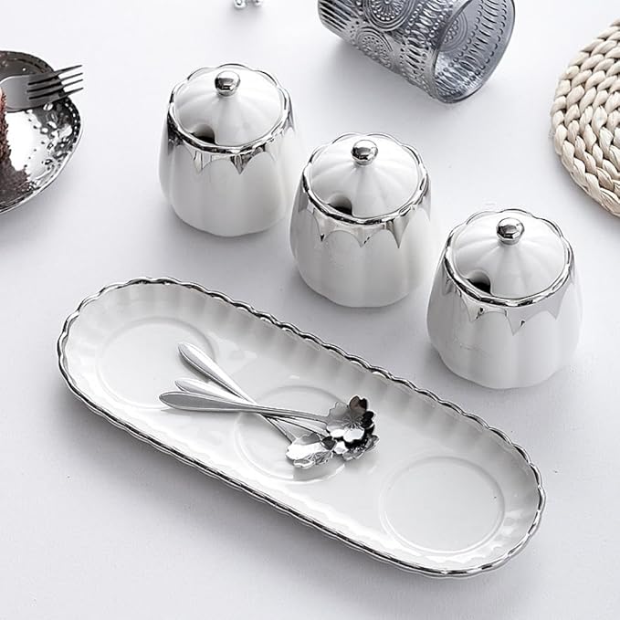 Porcelain Condiment Jar Spice Container with Lids, Spoon and Tray, Set of 3,Modern Spice Box Seasoning Jar for Your Home, Kitchen, Counter (White gold)