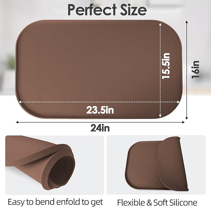 TOHONFOO Silicone Coffee Maker Mat with Lip, 24'' x 16'' Heavy Duty Coffee Maker Mat for Countertops, Coffee Tray Fit Under Coffee Machine Appliance Automatic Machines Espresso Accessory, Brown