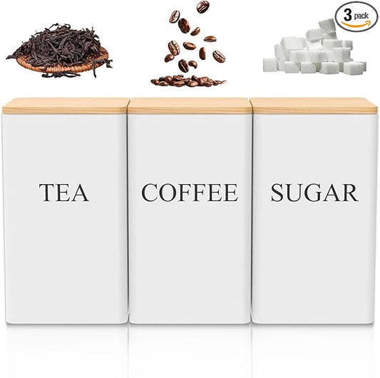 3 Pcs Coffee Tea Sugar Container Set, 1000 ML Metal Teas and Coffee Canisters Set with Bamboo Lids, Black Canisters Sets for Kitchen,Food Storage Container Jars for Kitchen Counter Storage (White)