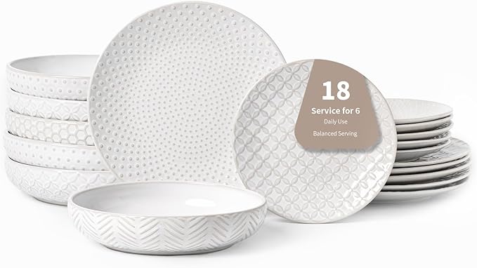 FOBENTA 18-Piece Embossed Ceramic Dinnerware Set–6 Dinner Plates,6 Salad Plates,6 Pasta Bowls,Elegant & Durable Tableware,Dishwasher & Microwave Safe,Perfect for Family & Entertaining