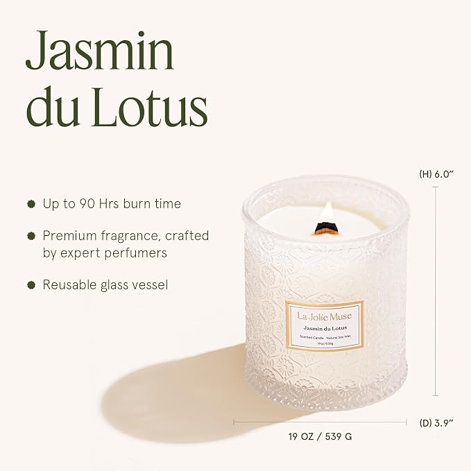 LA JOLIE MUSE Jasmine Lotus Scented Candles for Home, Natural Soy Wax, 19oz | Large Jar Luxury Candles, Clean Non Toxic, Floral Candle Gifts for Women & Mom, Decorative White Candles, Engaged Candle Gift
