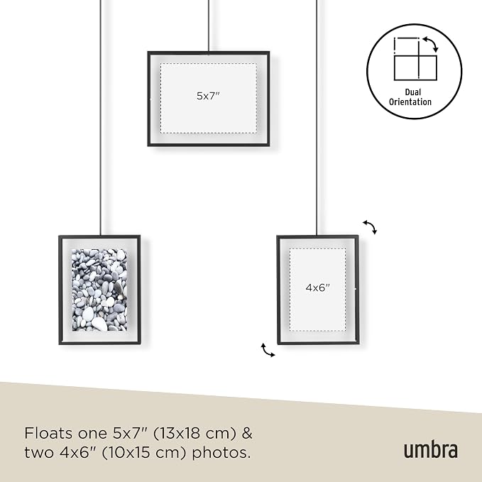 Umbra Exhibit Picture Frame Gallery Set, Adjustable Collage Display for 3 Photos, Prints, Artwork and More, Holds two 4x6" and one 5x7" Photos, Black
