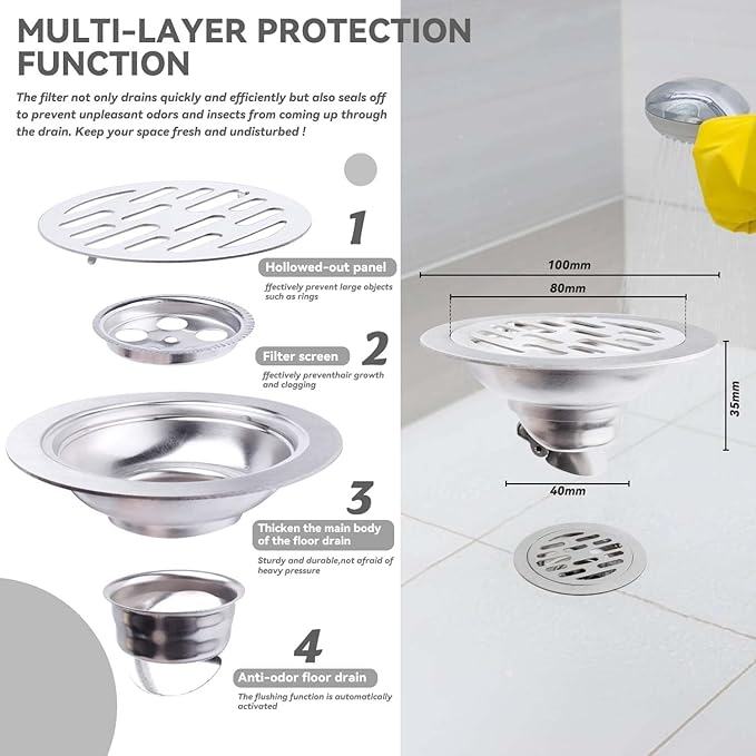 Yakamoz Sewer Odor Proof Floor Drain 4 Inch, Stainless Steel Anti-Odor Floor Drain Core Shower Drain Backflow Preventer Smell Stopper for Bathroom, Kitchen and Basement