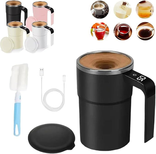Taza Inteligente Para Cafe, Intelligent Coffee Cup with Lid, Automatic Magnetic Stirring Coffee Mug, Rechargeable Self Mixing Mug with LED Display Temperature for Milk Tea, Office Household(Black)