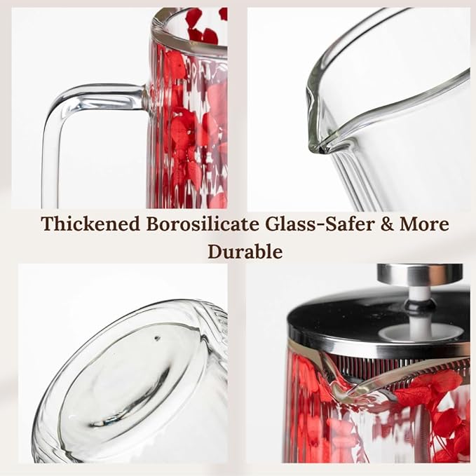 Glass French Press Coffee Maker 22oz (Red Floral) – Double-Wall Borosilicate Ribbed Coffee Press with Stainless Steel Filter, Manual Coffee Brewer & Tea Press