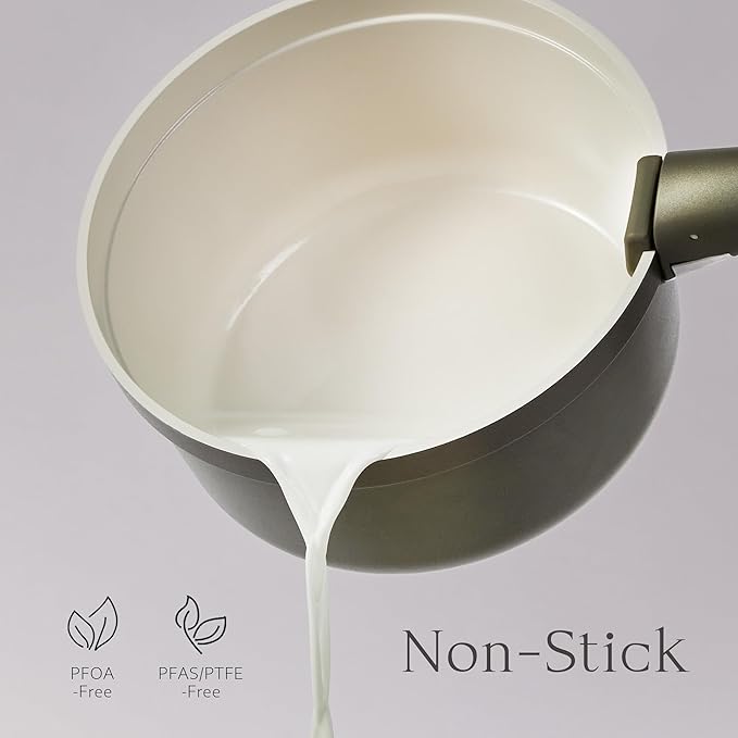CAROTE Ceramic Saucepan Set 5.5QT/3QT/2QT，Nonstick Cooking Pots Set with Detachable Handles，Non-toxic Stock Pots with Lid，Induction Comptable，PFAS and PFOA Free，Olive Green