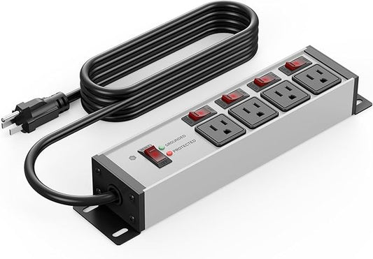 CCCEI Heavy Duty Surge Protector Power Strip 20 Amp Individual Switches. 4FT 12 Gauge Extension Cord with Multiple Outlets. Kitchen, Garage, Shop, Industrial Wall Mount Electric Extender, Grey.