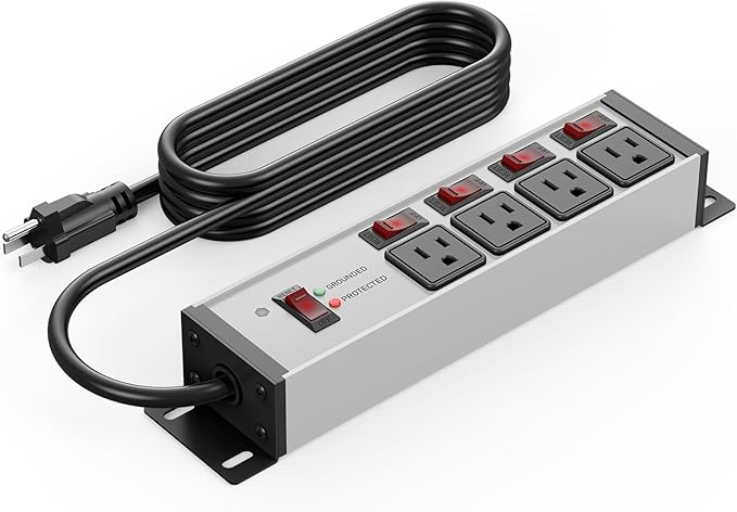 CCCEI Heavy Duty Surge Protector Power Strip 20 Amp Individual Switches. 6FT 12 Gauge Extension Cord with Multiple Outlets. Kitchen, Garage, Shop, Industrial Wall Mount Electric Extender, Grey.