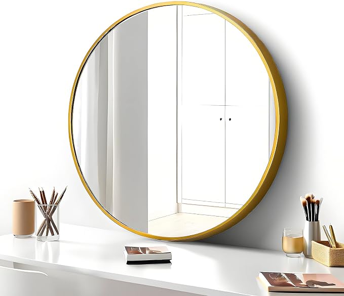SCWF-GZ 20" Round Mirror Circle Wall Mounted Hanging or Against Wall Metal Frame Dressing Make-up Mirrors for Entryway Bedroom Bathroom Living Room 20 inch Gold