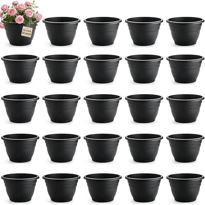 RooTrimmer 25 Pack 10 Inch Plant Pots with Drainage Holes,Black Plastic Flower Pots for Indoor & Outdoor Plants,Durable Lightweight Planters for Flowers,Herbs & Gardening