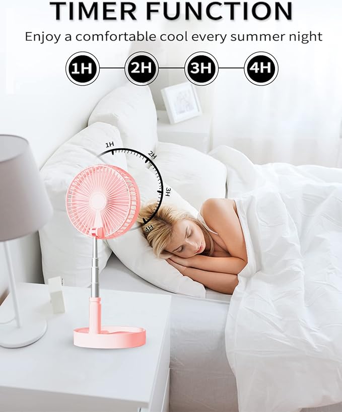 UN UNITEDTIME Desk and table fan, foldable Fan Portable Travel Fans Battery Operated,Adjustable Height My Foldaway fan with remote Control Timer, 4 Speed Settings (Pink)