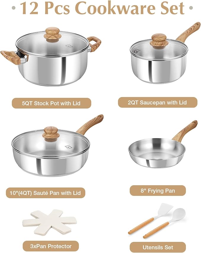 KOCH SYSTEME CS Stainless Steel Pots and Pans Set, Professional 18/10 Cookware Set Pots and Pans Set 12PCS with Cool-Touch Bakelite Handles, Tri-ply Base Kitchen Cookware Sets, Induction Compatible